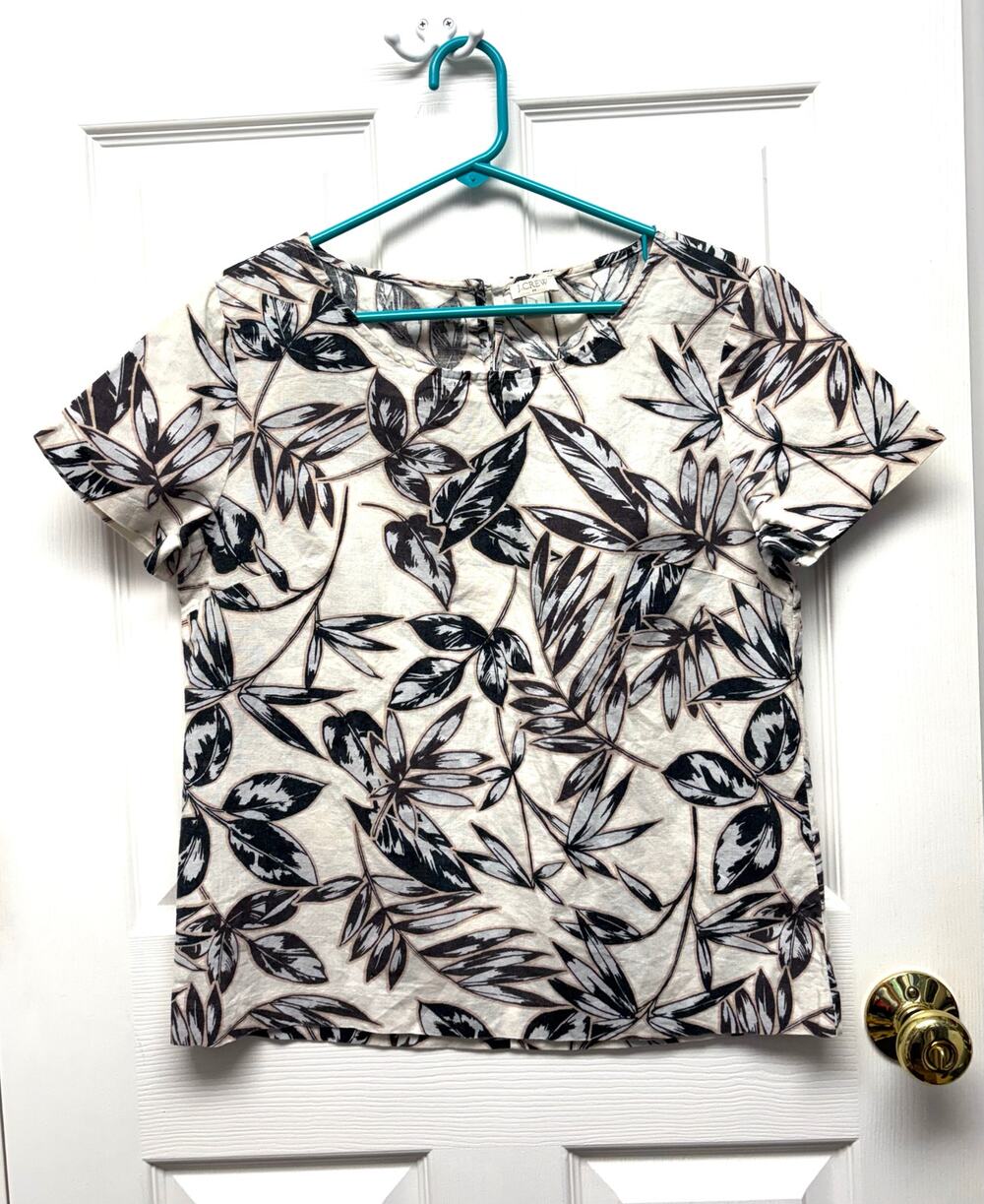 J.Crew Top Linen Cotton Blend Short Sleeve Crew Neck Cream Brown Floral Size S